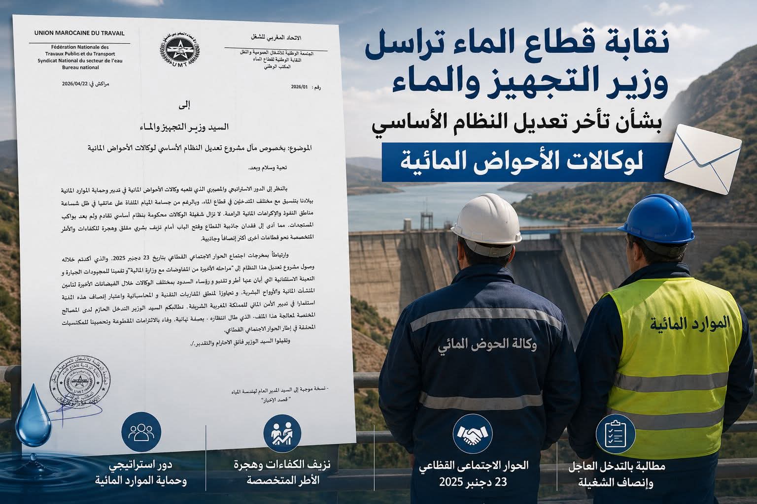 نقابة قطاع الماء تراسل وزير التجهيز والماء بشأن تأخر تعديل النظام الأساسي لوكالات الأحواض المائية